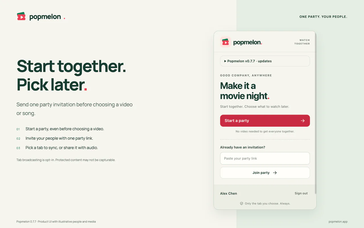 Popmelon’s toolbar popup with a Start a party button, next to the words Start together, pick later.