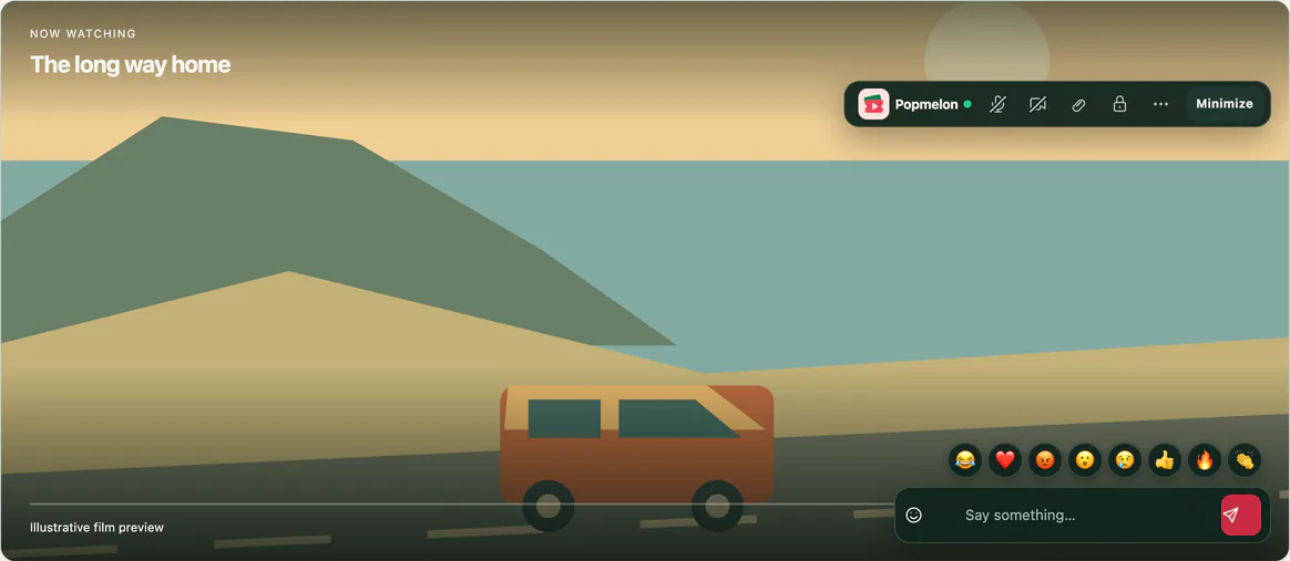 Popmelon’s floating control bar, a row of emoji reactions and a chat box over an illustrated film scene.